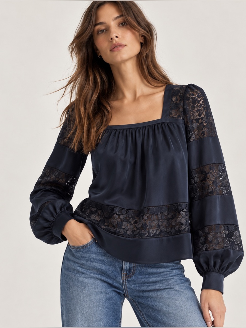 REBECCA TAYLOR SILK LACE DETAILED BLOUSE